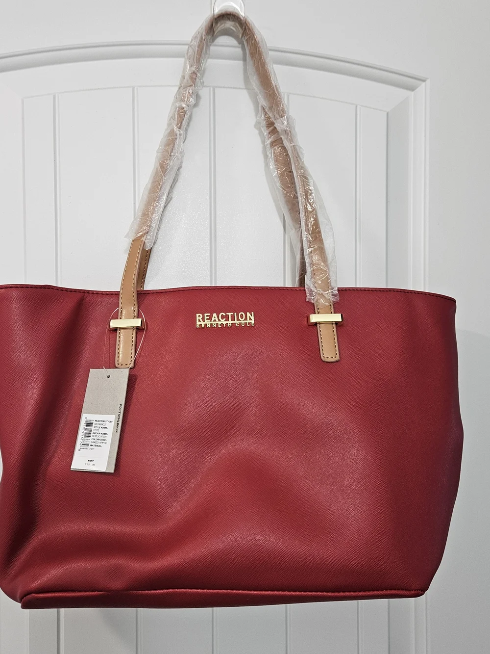 Kenneth Cole Reaction Red Vinyl Tote with Tan Handles - Picture 1 of 7